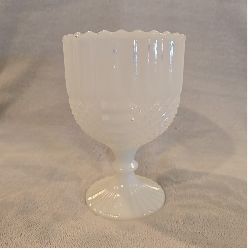 Vintage White Milk Glass Ribbed Diamond Pattern Scalloped Pedestal Goblet MCM